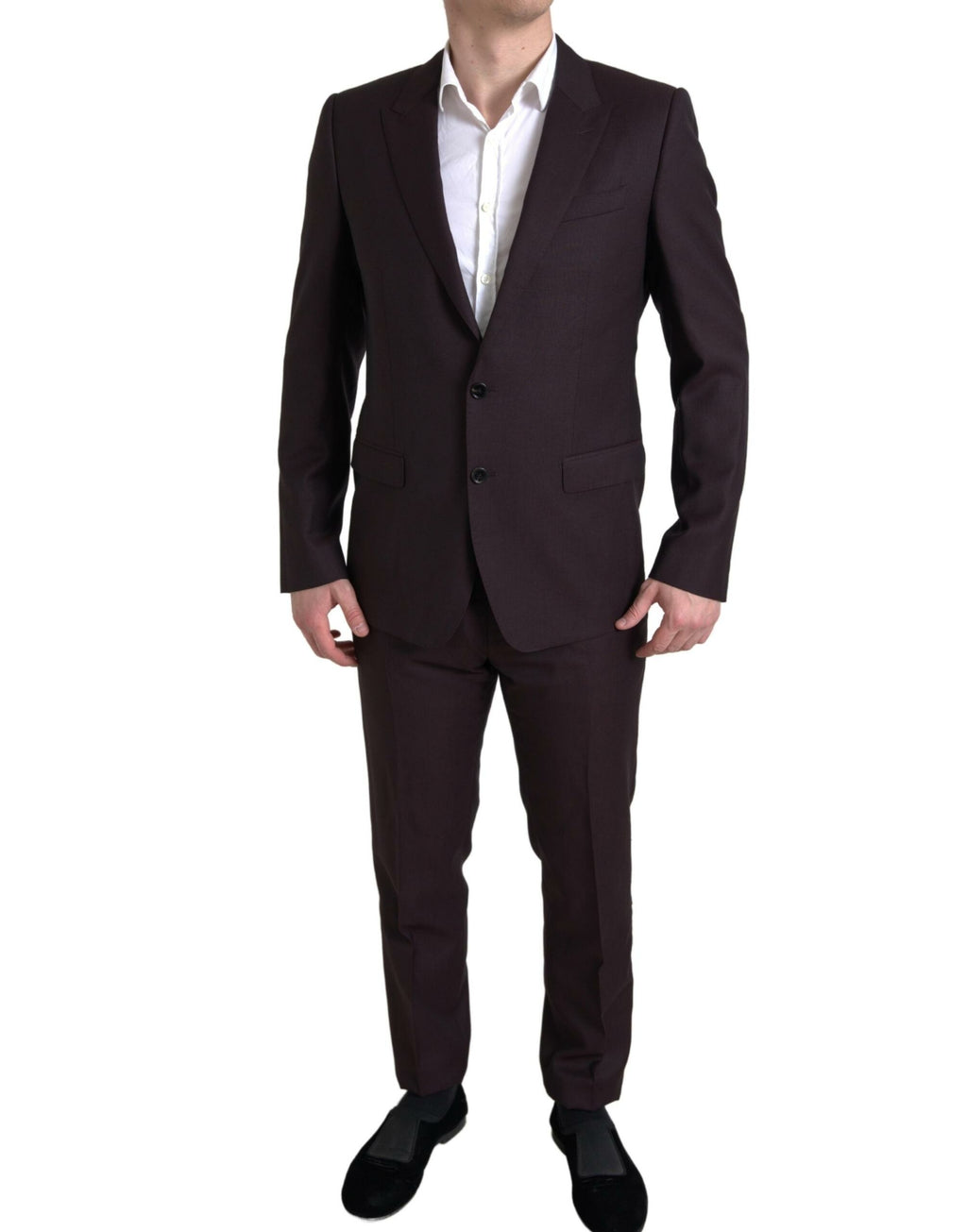 Costume deux pièces bordeaux Dolce & Gabbana, costume tailleur à simple boutonnage, vue de face.