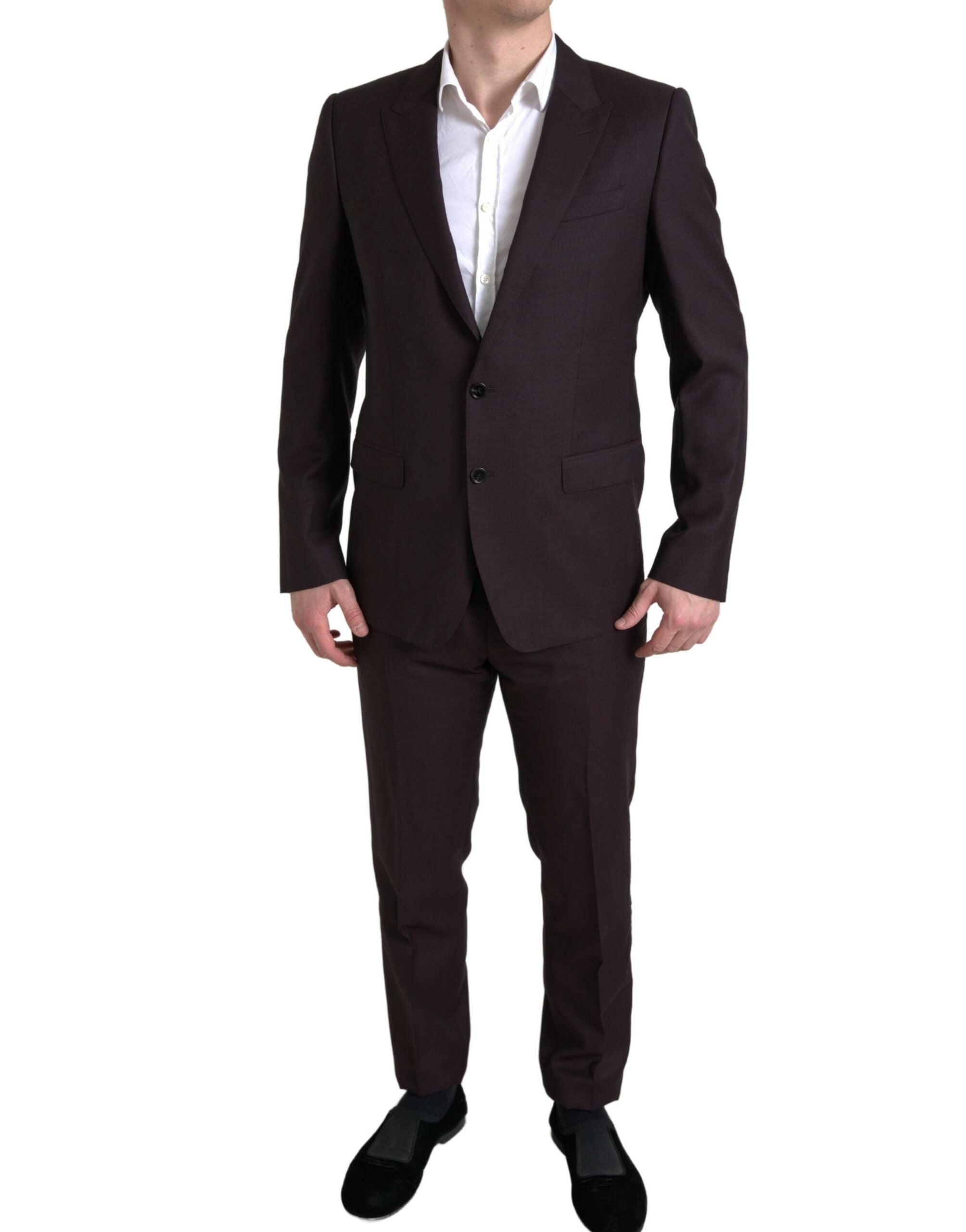 Costume deux pièces bordeaux Dolce & Gabbana, costume tailleur à simple boutonnage, vue de face.