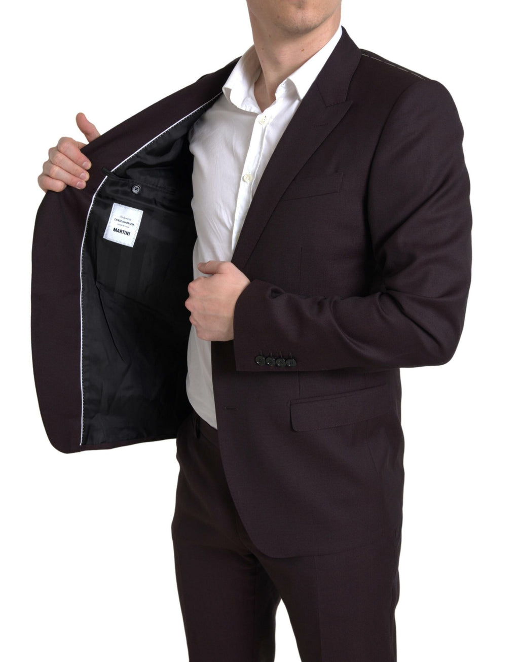 Costume Martini deux pièces en bordeaux de Dolce & Gabbana, veste à un bouton et pantalon assorti, élégant et sophistiqué.