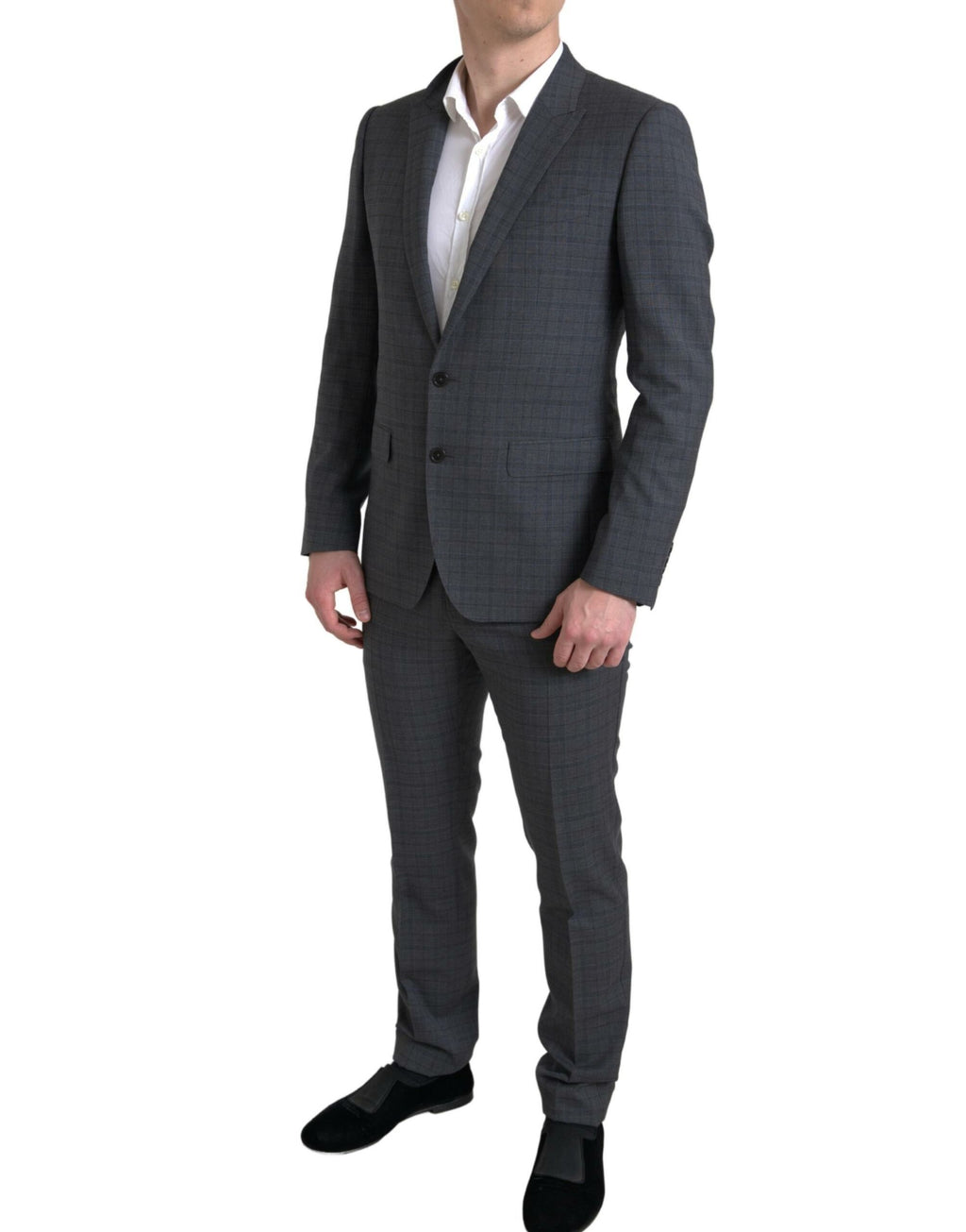 Costume Martini gris à deux pièces de Dolce & Gabbana, costume homme à col cranté et boutons simples.