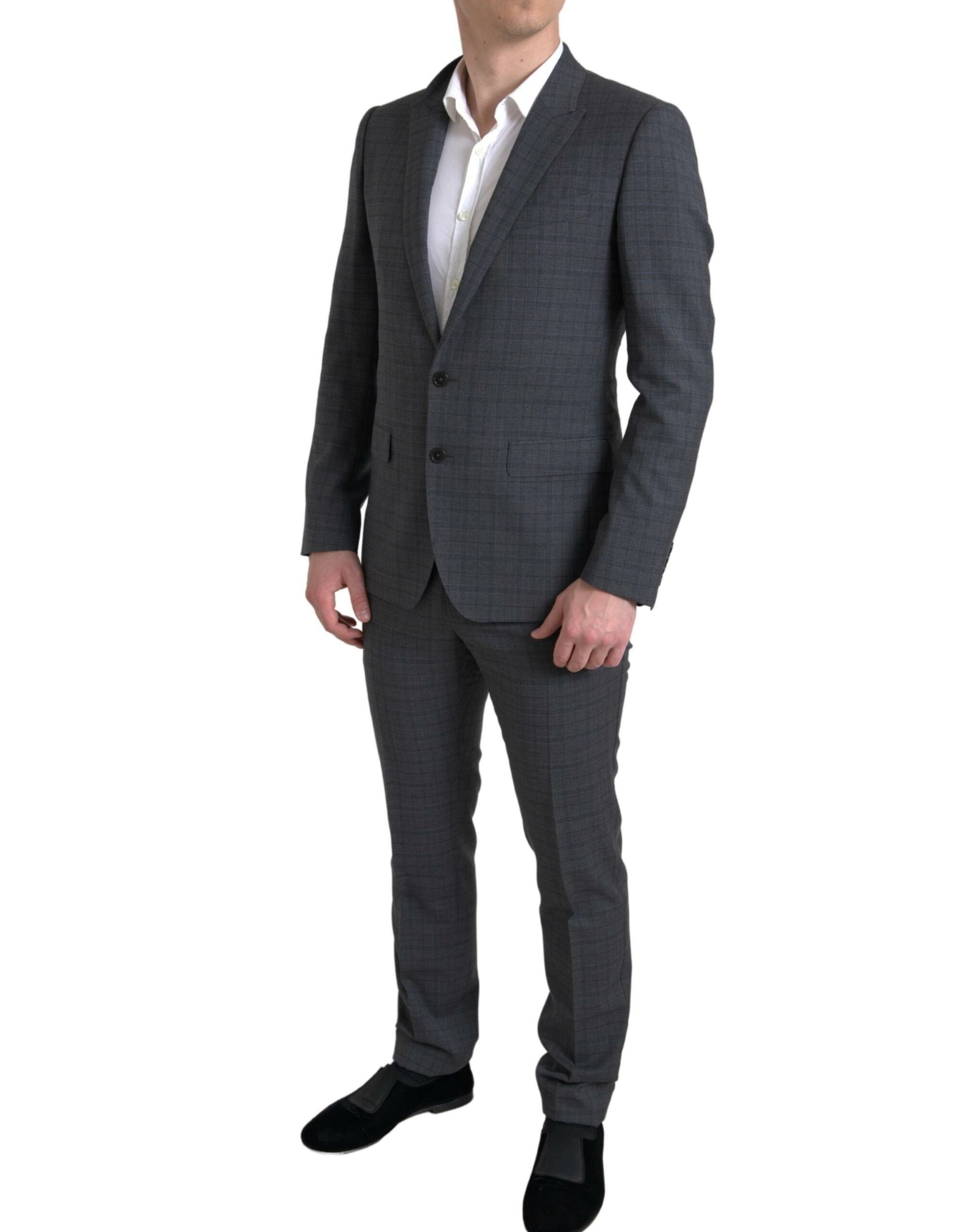 Costume Martini gris à deux pièces de Dolce & Gabbana, costume homme à col cranté et boutons simples.