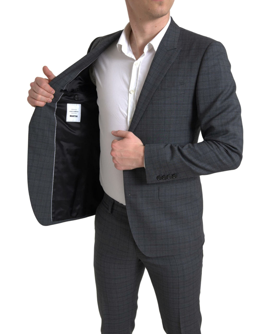 Costume Martini gris à deux pièces Dolce & Gabbana, veste à simple boutonnage et pantalon, élégant et moderne.