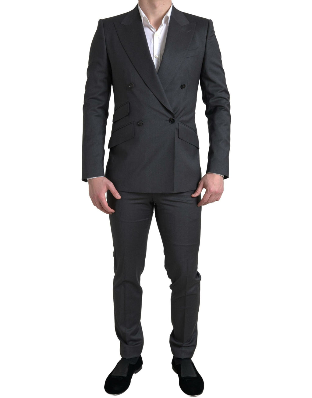 Costume gris deux pièces Dolce & Gabbana Sicilia, veste croisée à double boutonnage et pantalon assorti.