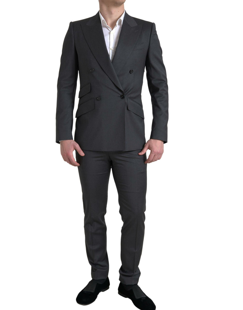 Costume gris deux pièces Dolce & Gabbana Sicilia avec double boutonnage, veste et pantalon élégants, vue de face.