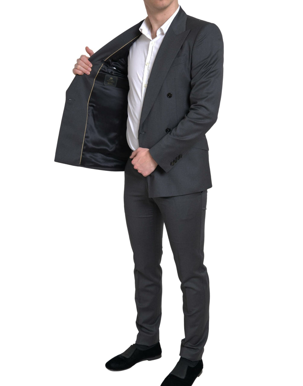 Costume gris à double boutonnage Dolce & Gabbana Sicilia, veste et pantalon élégants en tissu de qualité.