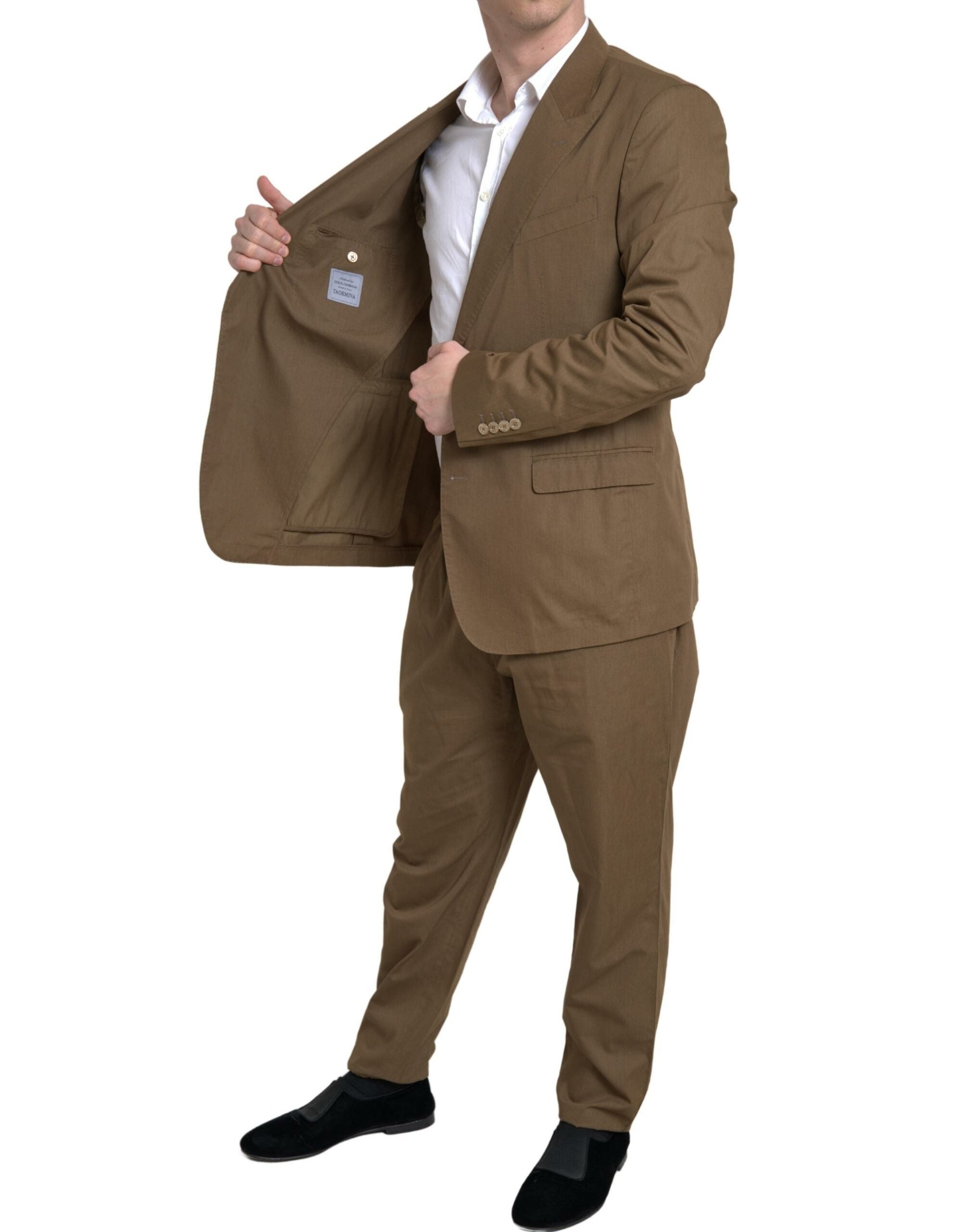Costume masculin Dolce & Gabbana Taormina en laine marron à deux pièces, veste à un bouton et pantalon assorti.