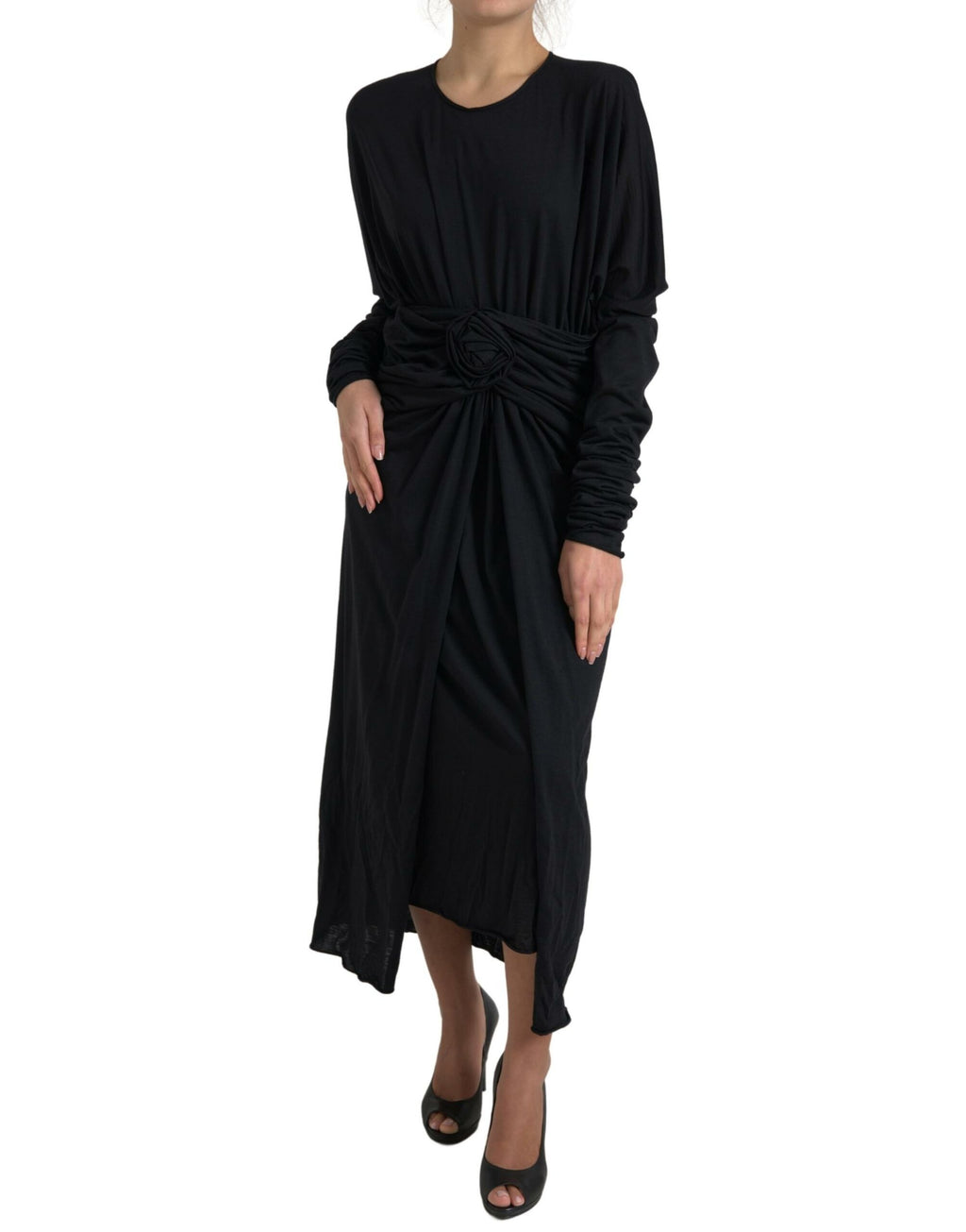 Robe midi noire en laine Dolce & Gabbana, robe portefeuille élégante avec coupe ajustée et style sophistiqué.