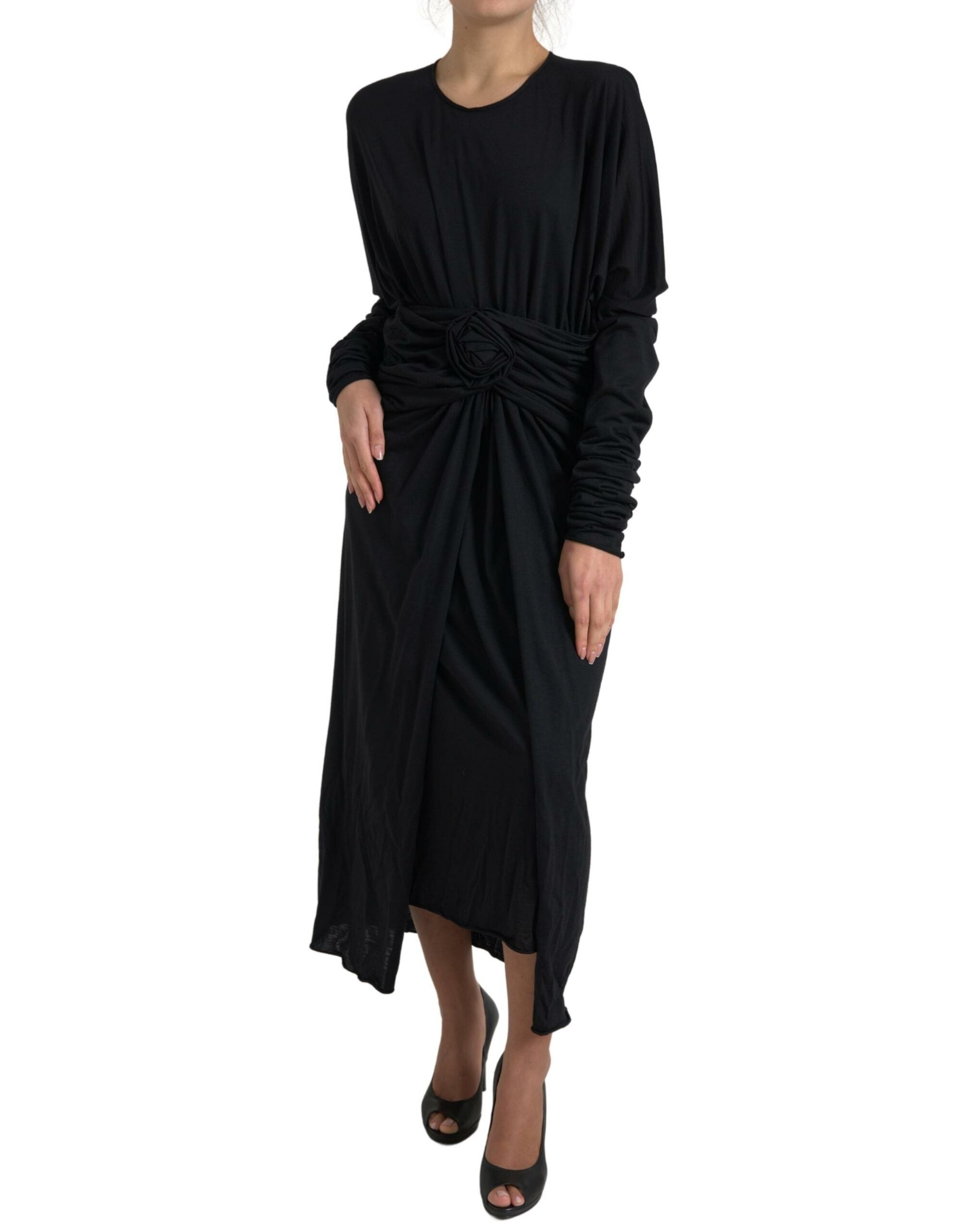 Robe midi noire en laine Dolce & Gabbana, robe portefeuille élégante avec coupe ajustée et style sophistiqué.