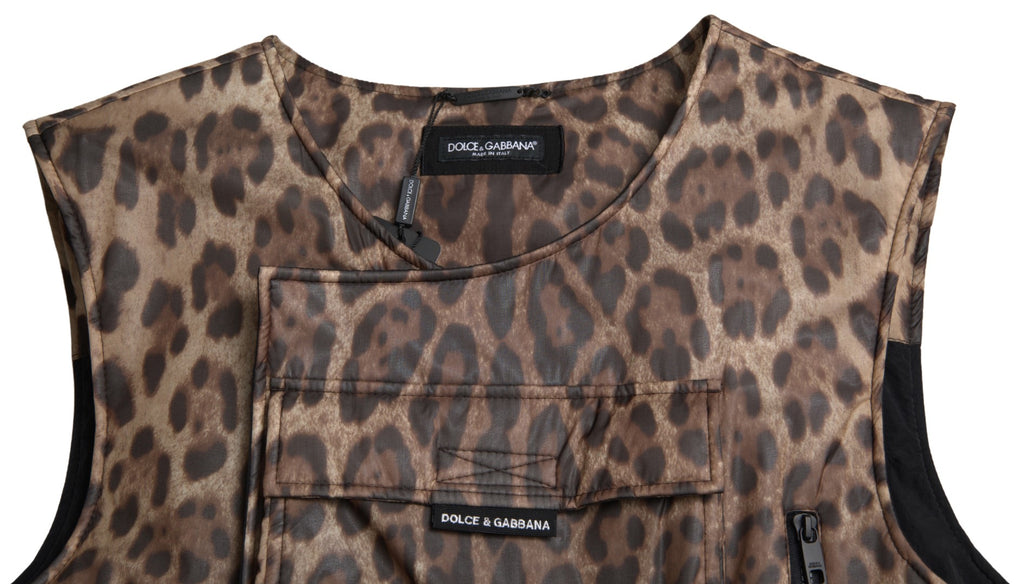 Débardeur de sport en soie marron à imprimé léopard Dolce & Gabbana, sans manches, style élégant et confortable.