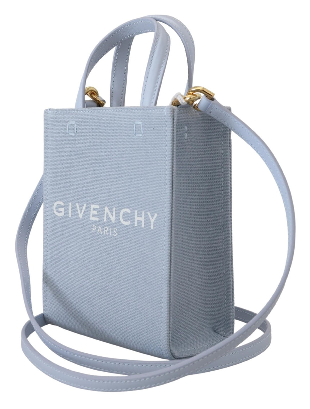 Sac à main Givenchy Cloud Mini en toile enduite bleue, sac à épaule vertical élégant et compact.
