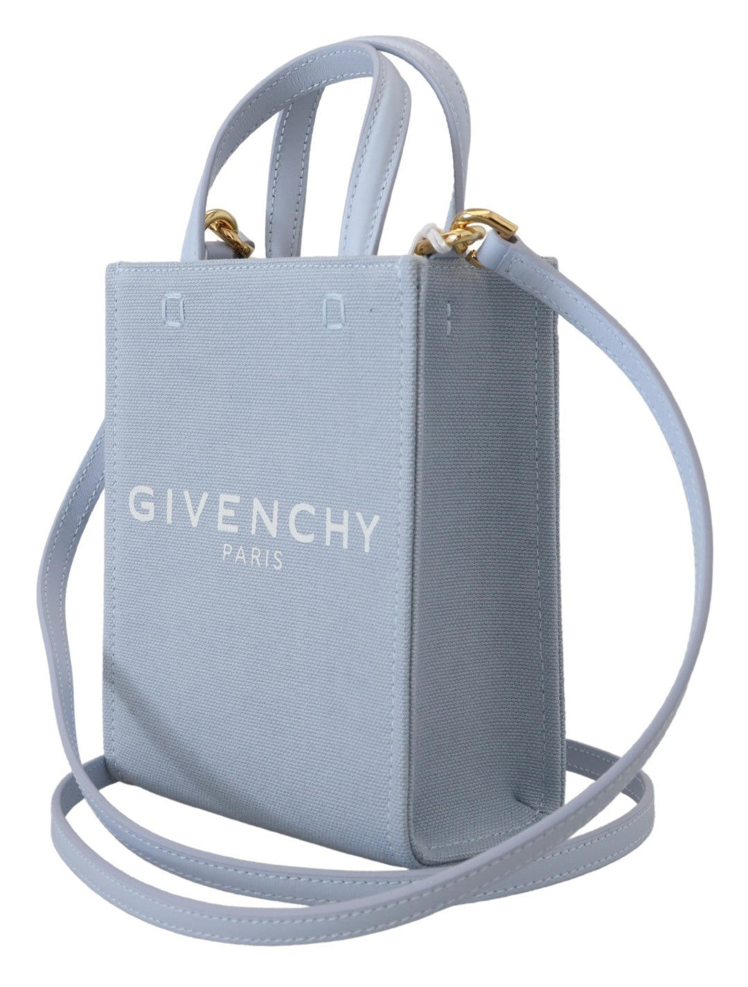Sac à main Givenchy Cloud Mini en toile enduite bleue, sac à épaule vertical élégant et compact.