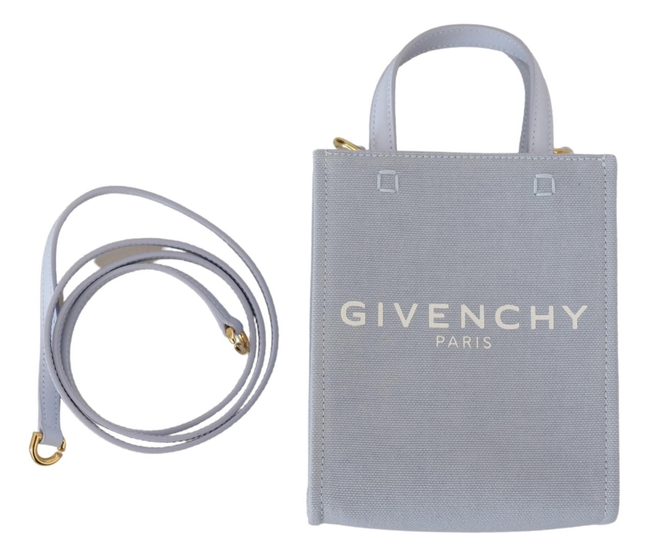 Sac à épaule Givenchy vertical en toile bleue enduite avec motif nuage, mini taille, design élégant et moderne.
