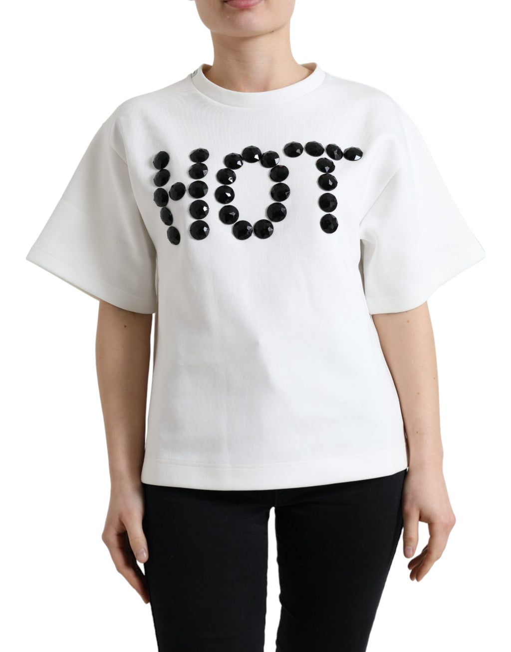 T-shirt blanche Dolce & Gabbana en coton stretch avec détails en cristal noir.