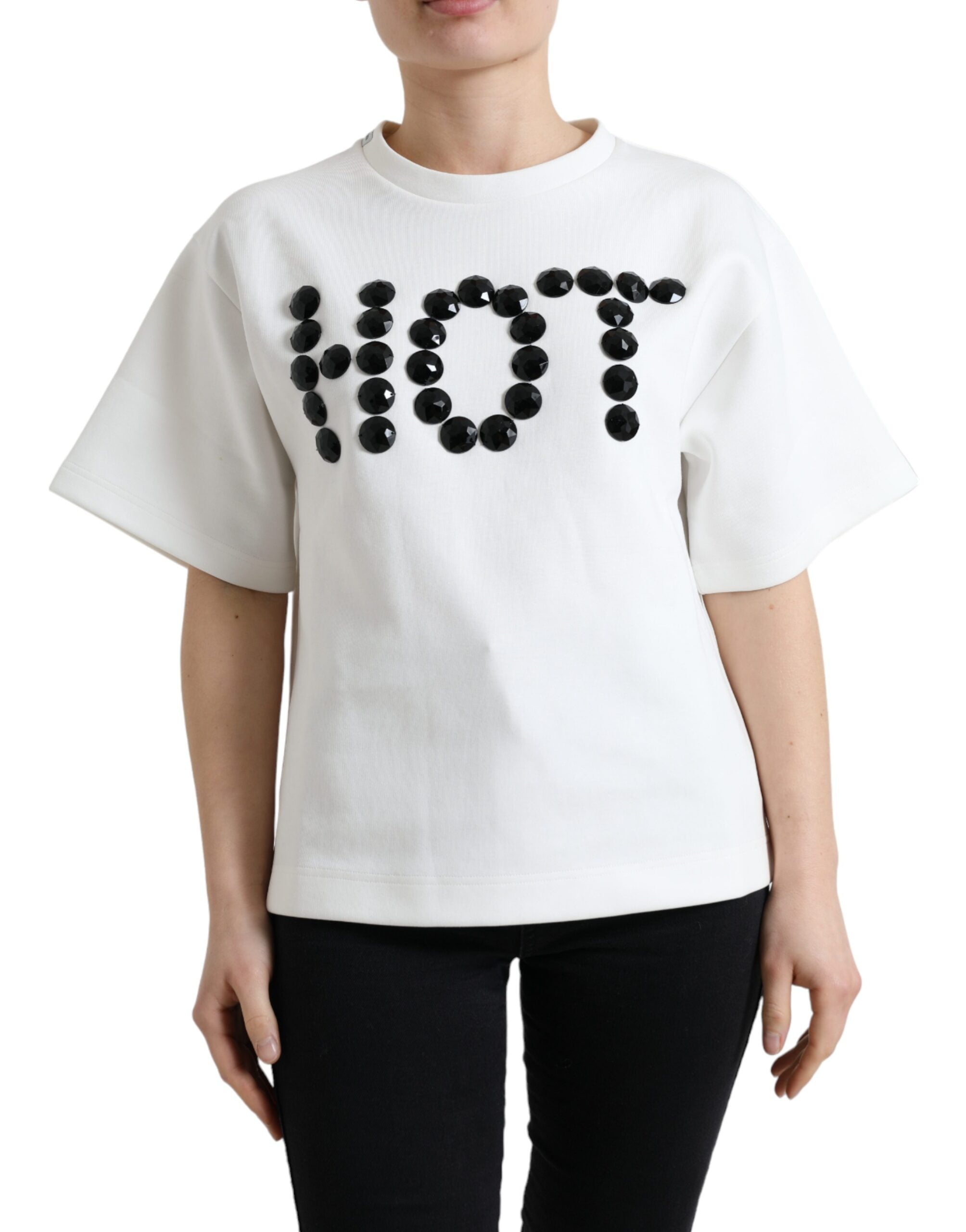 T-shirt blanche Dolce & Gabbana en coton stretch avec détails en cristal noir.