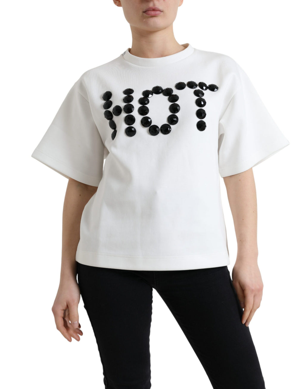 T-shirt blanche en coton stretch Dolce & Gabbana avec détails en cristal noir.