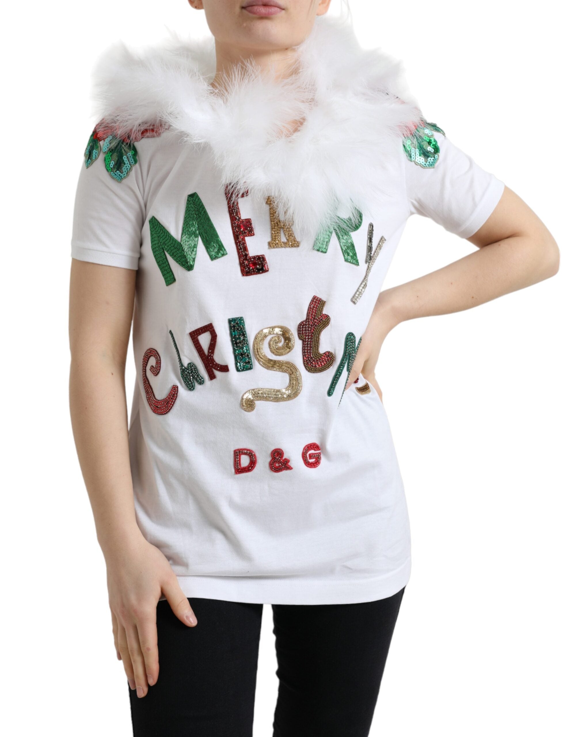 T-shirt blanc en coton avec sequins de Noël et fourrure de la marque Dolce & Gabbana, vue de face.
