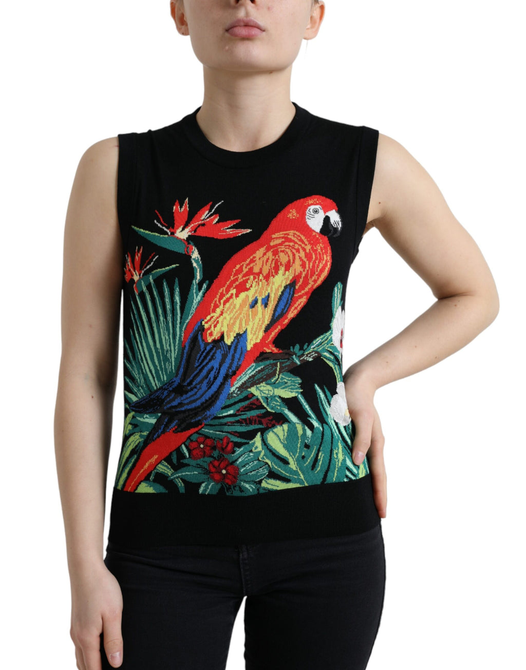 Débardeur sans manches en laine noire Dolce & Gabbana avec motif d'oiseau, ajusté et élégant, vue de face.