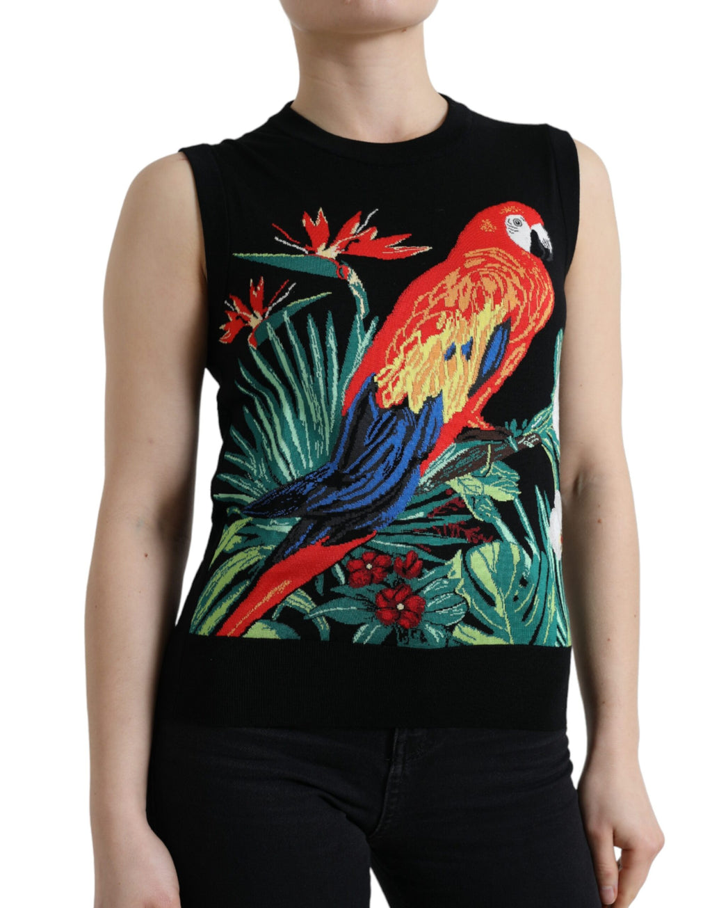 T-shirt sans manches en laine noire Dolce & Gabbana avec motif d'oiseau, style élégant et moderne.