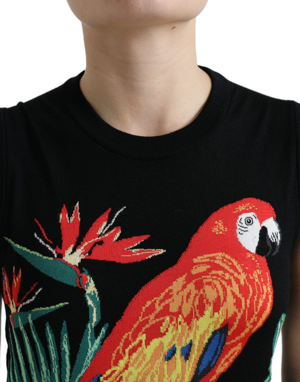 T-shirt sans manches Dolce & Gabbana noir en laine avec motif d'oiseau, style élégant et moderne.