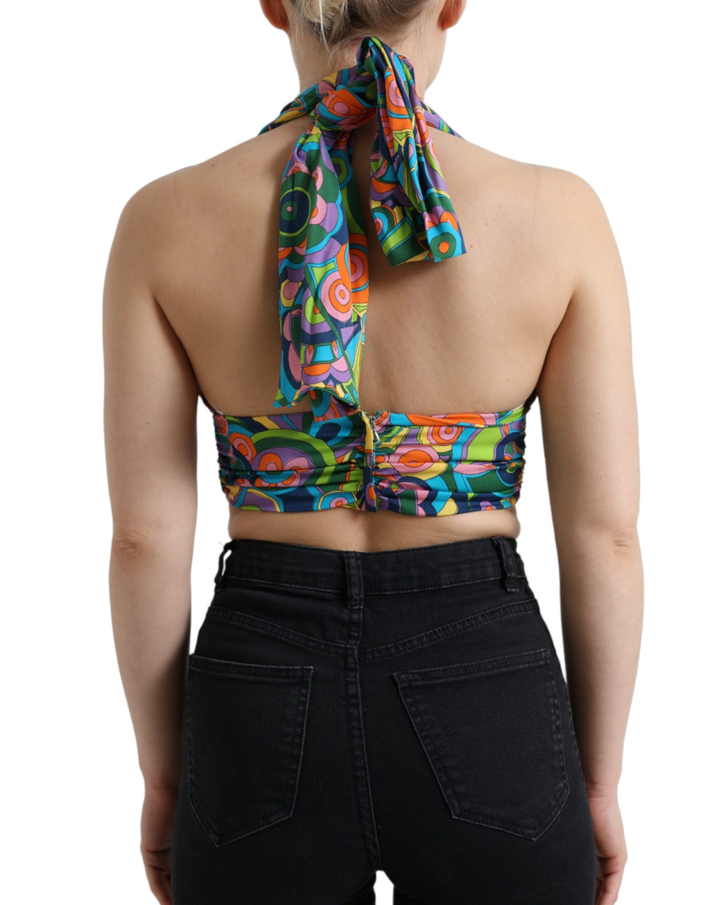 Haut crop top sans manches Dolce & Gabbana à col halter multicolore, style élégant et moderne.