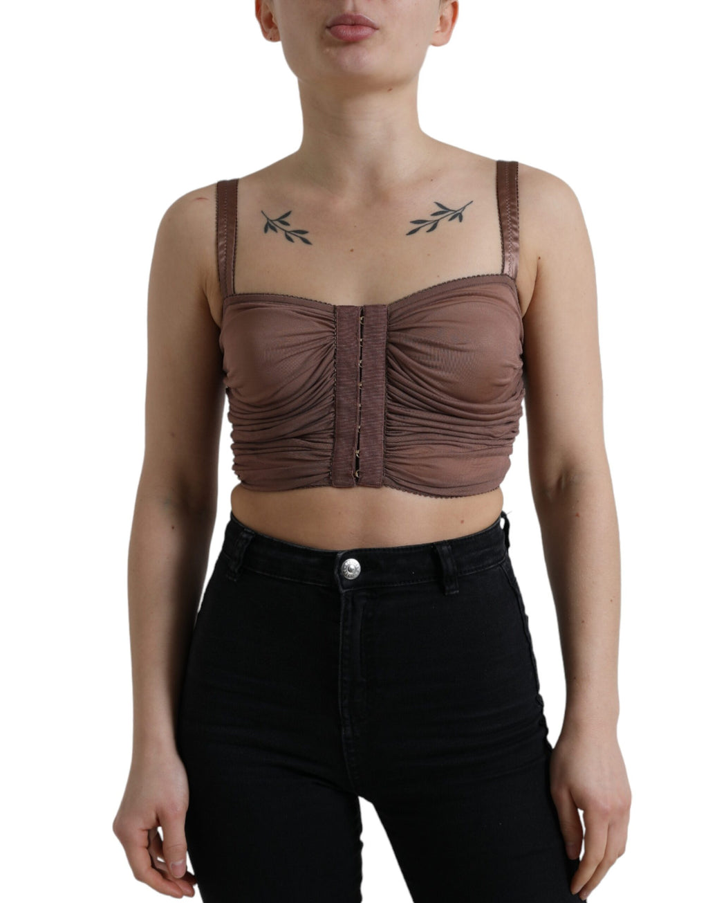 Top court Dolce & Gabbana en viscose marron sans manches, bustier élégant et cropped, pour un style chic et moderne.