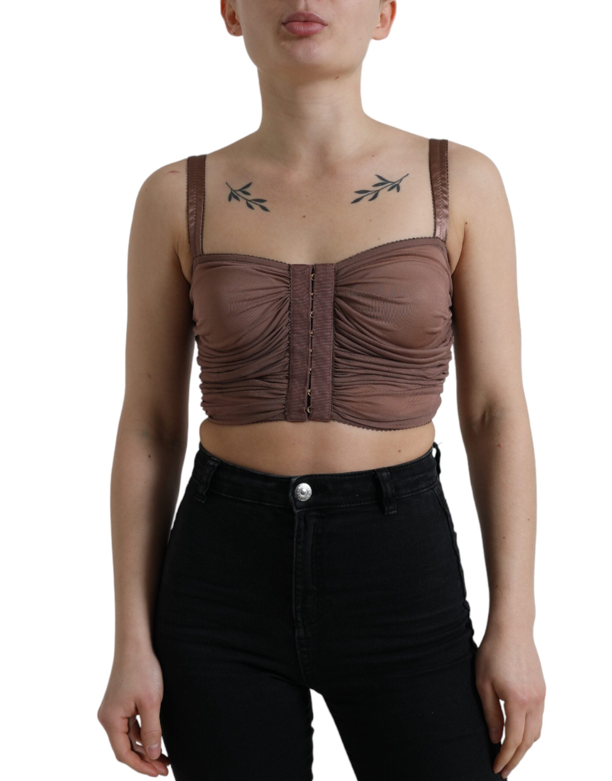 Top court Dolce & Gabbana en viscose marron sans manches, bustier élégant et cropped, pour un style chic et moderne.