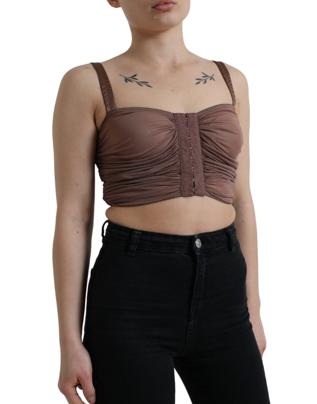 Top court en viscose marron sans manches de Dolce & Gabbana, bustier cropped élégant et moderne.