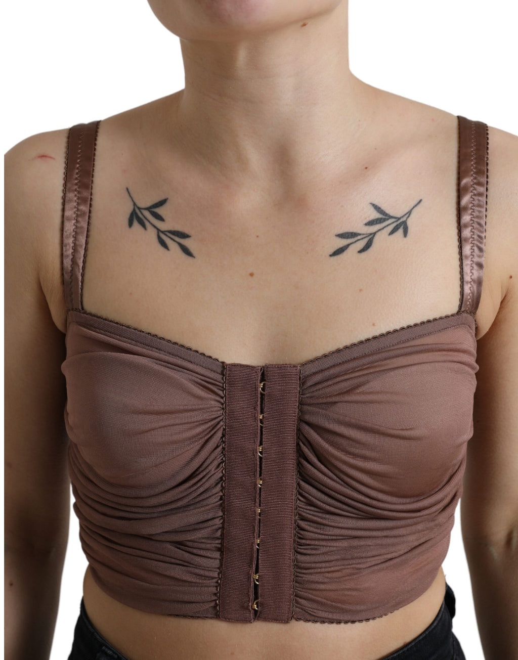 Top court en viscose marron sans manches de Dolce & Gabbana, bustier cropped, style élégant et moderne.