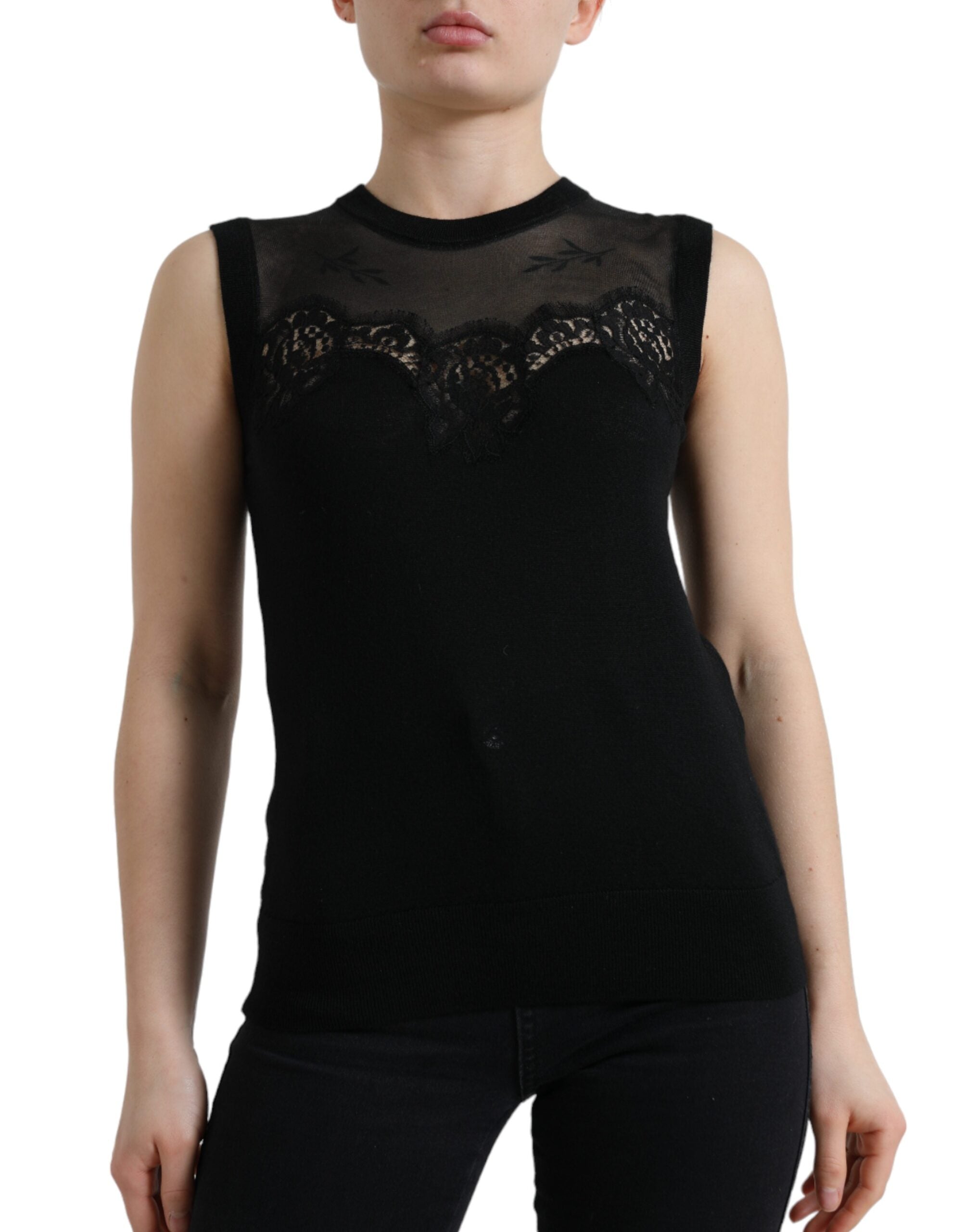 Débardeur sans manches en cachemire noir Dolce & Gabbana avec bordure en dentelle élégante.