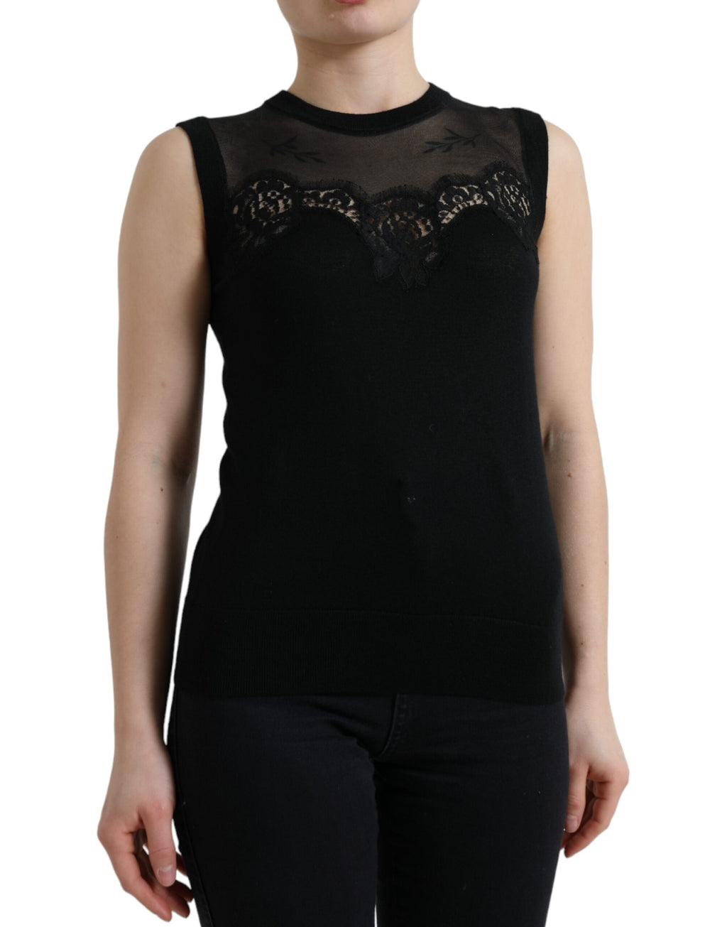 Débardeur sans manches Dolce & Gabbana en cachemire noir avec bordure en dentelle, élégant et confortable.