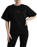 T-shirt noir en coton Dolce & Gabbana avec col rond et détails en cristaux DG, vue de face.