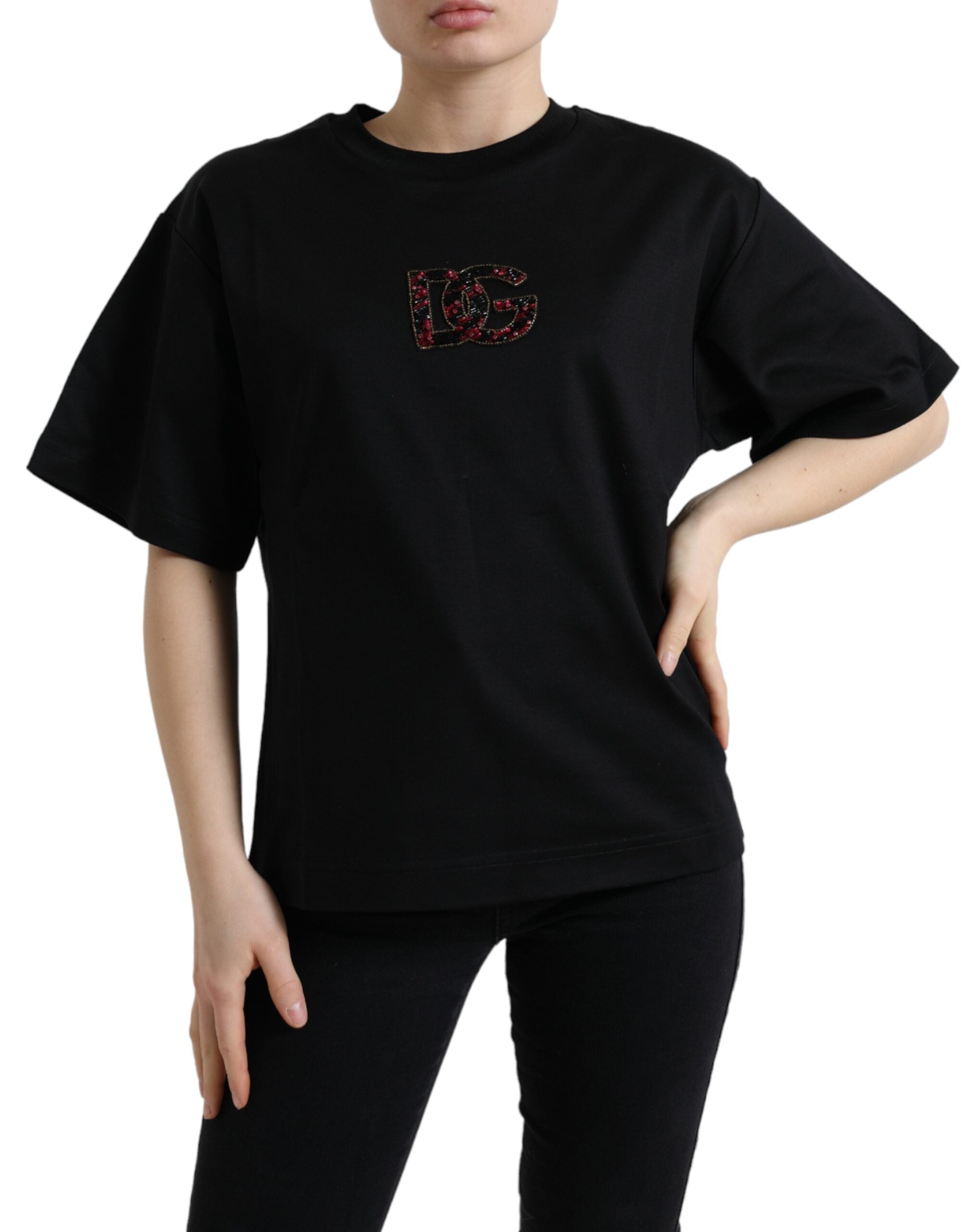 T-shirt noir en coton Dolce & Gabbana avec col rond et détails en cristaux DG, vue de face.