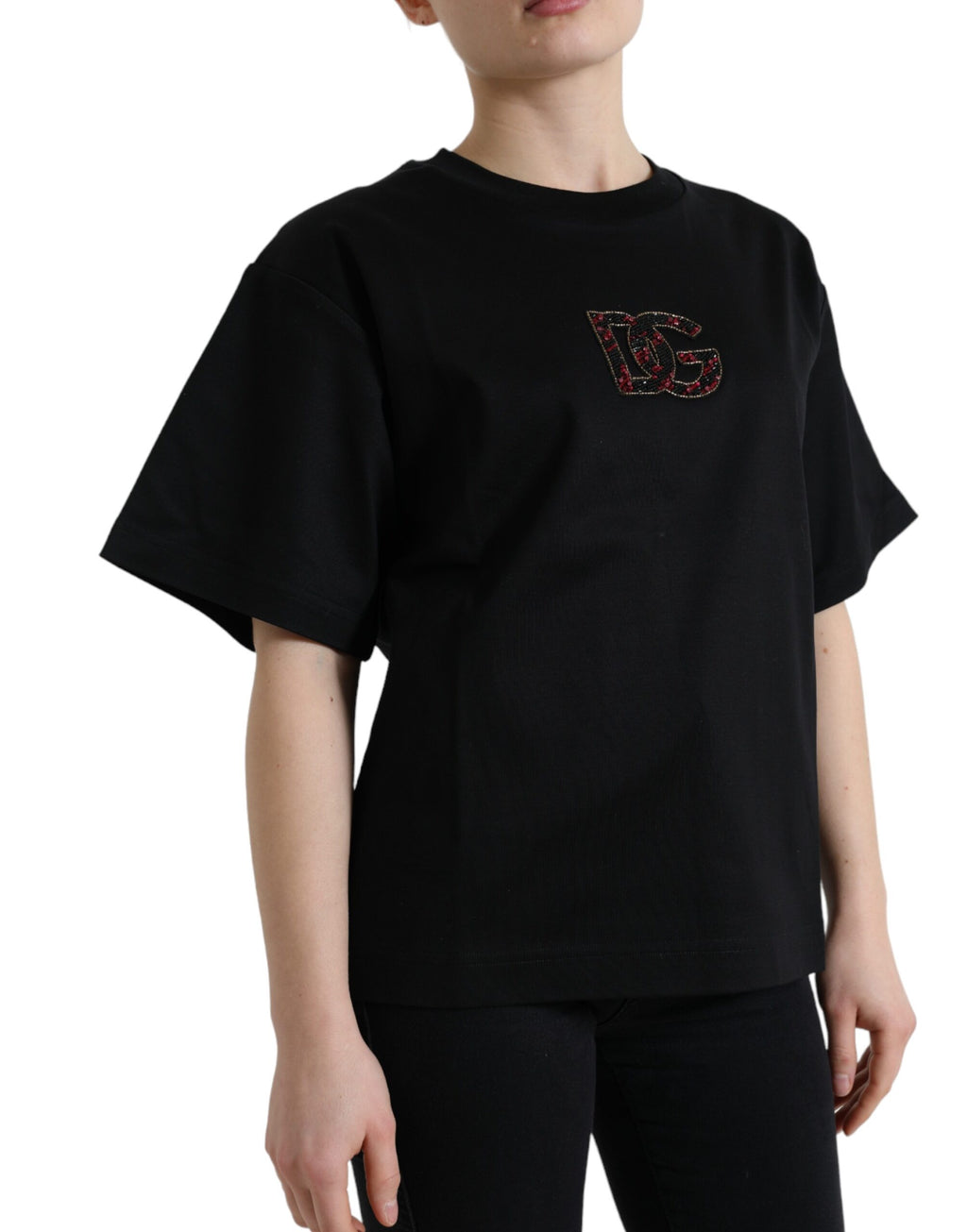 T-shirt Dolce & Gabbana en coton noir avec logo en cristal DG, col rond, style casual et élégant.