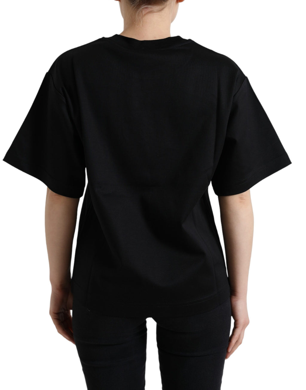 T-shirt noir en coton Dolce & Gabbana avec logo DG en cristal, col ras du cou, style élégant et décontracté.