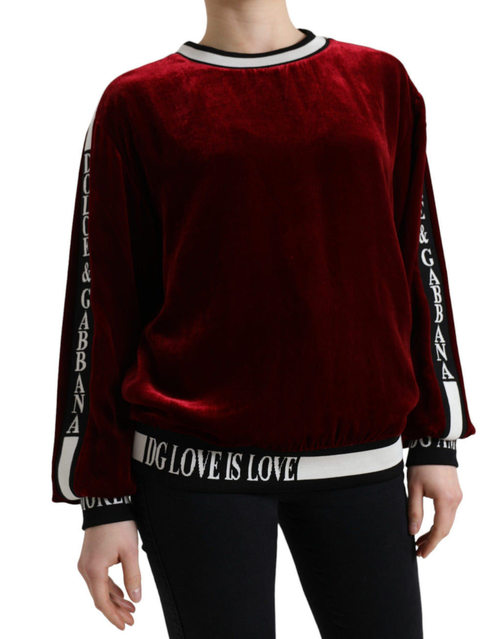 Pull en velours bordeaux Dolce & Gabbana à col rond, pull-over élégant en tissu doux et confortable.