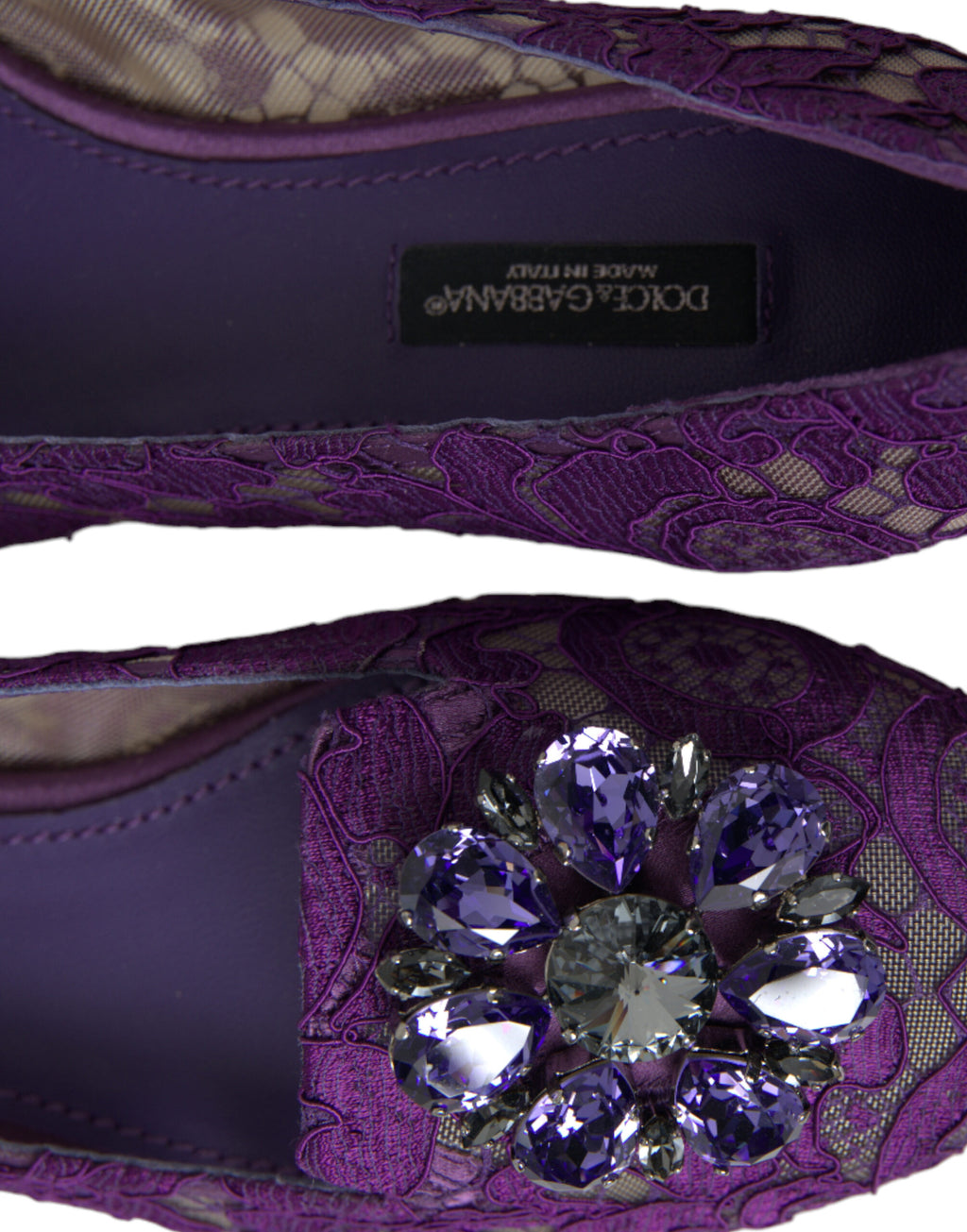 Chaussures plates en dentelle violette Dolce & Gabbana Vally Taormina ornées de cristaux, élégantes et raffinées.