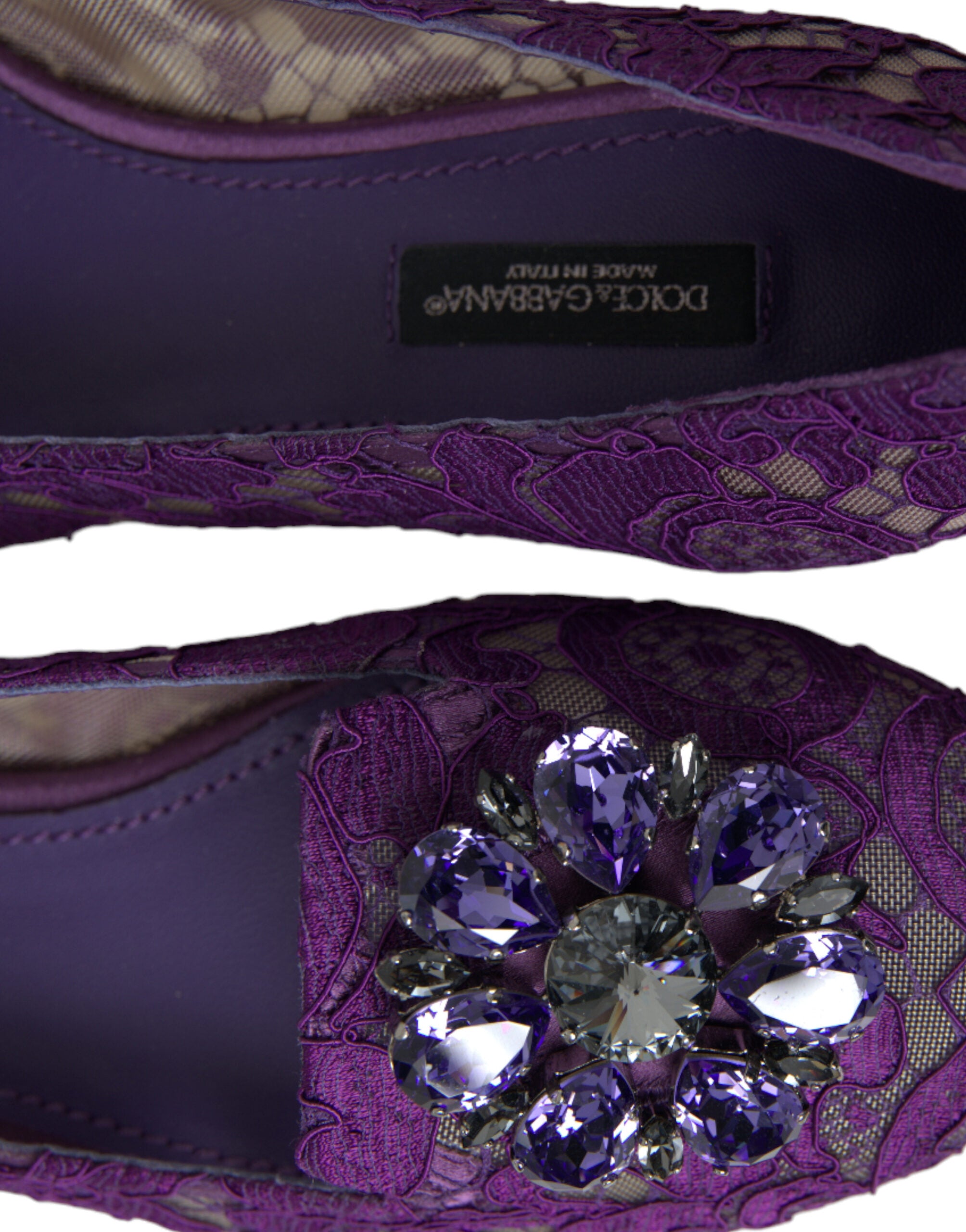 Chaussures plates en dentelle violette Dolce & Gabbana Vally Taormina ornées de cristaux, élégantes et raffinées.