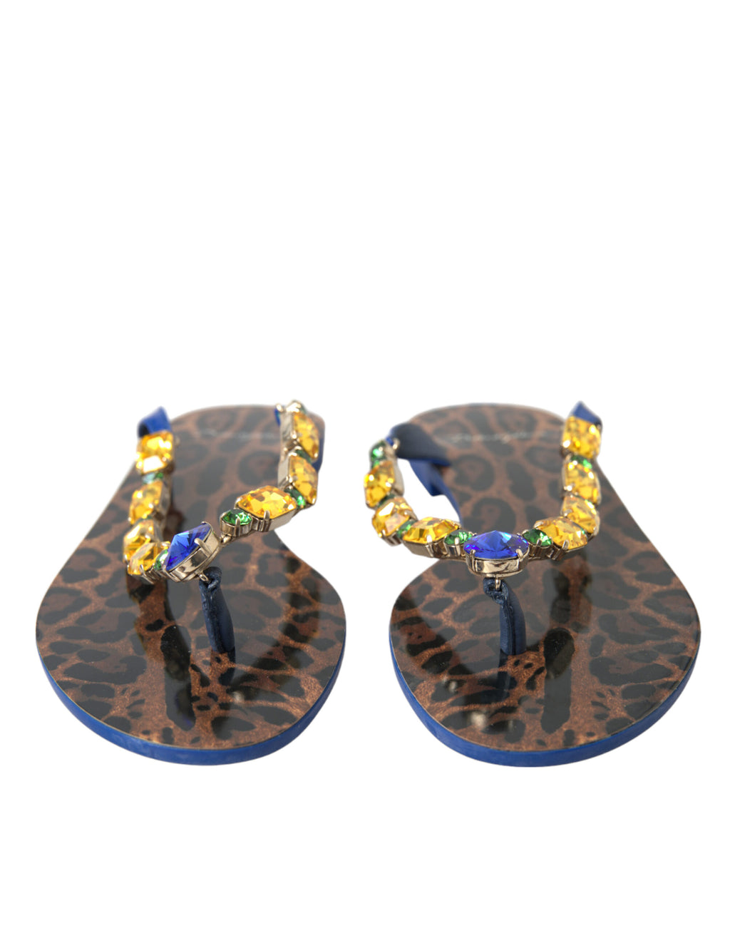 Sandales plates Dolce & Gabbana Blue Crystals, chaussures de plage élégantes avec cristaux bleus, style sophistiqué et confortable.