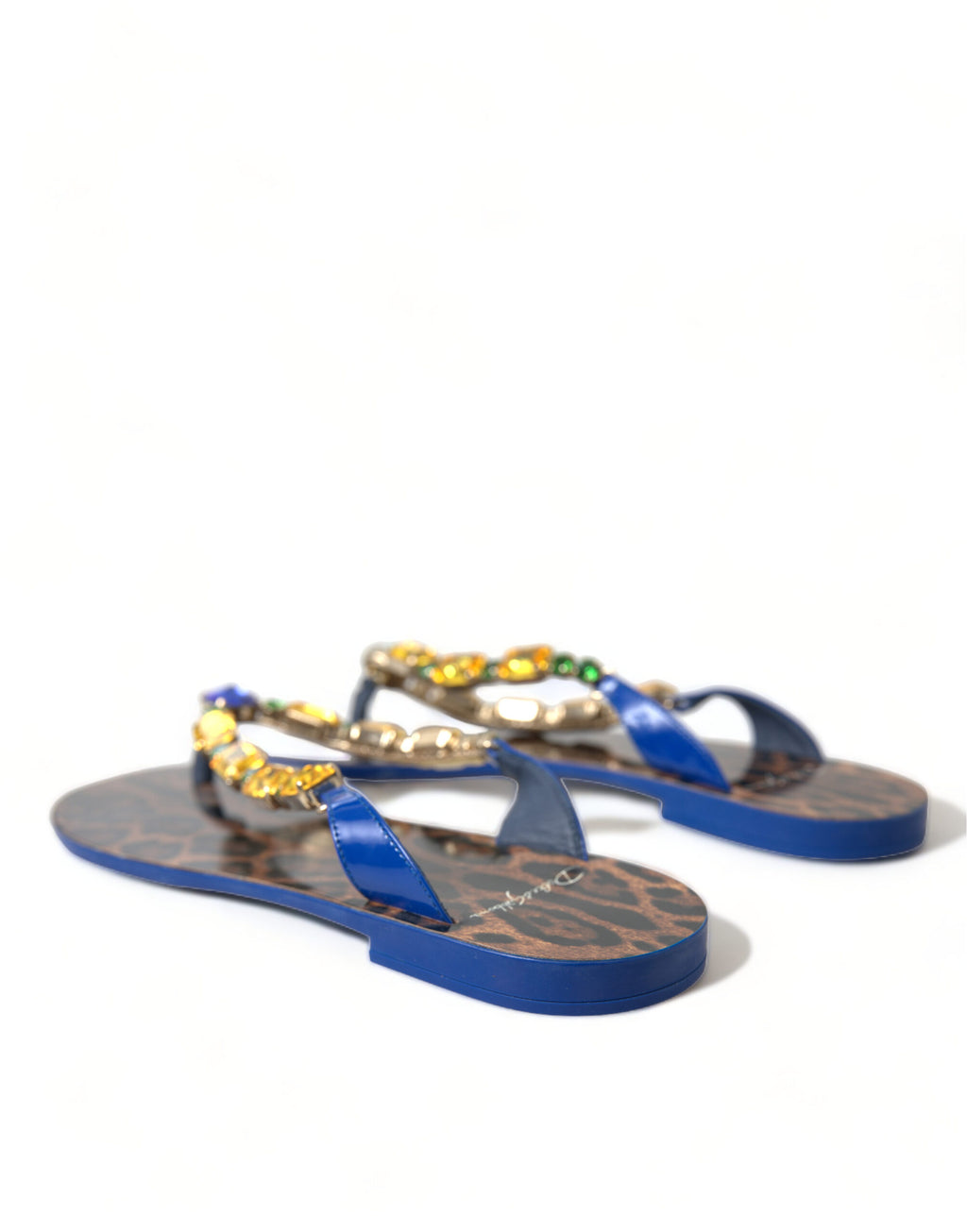 Sandales plates Dolce & Gabbana Blue Crystals, chaussures d'été pour la plage avec cristaux bleus et design élégant.