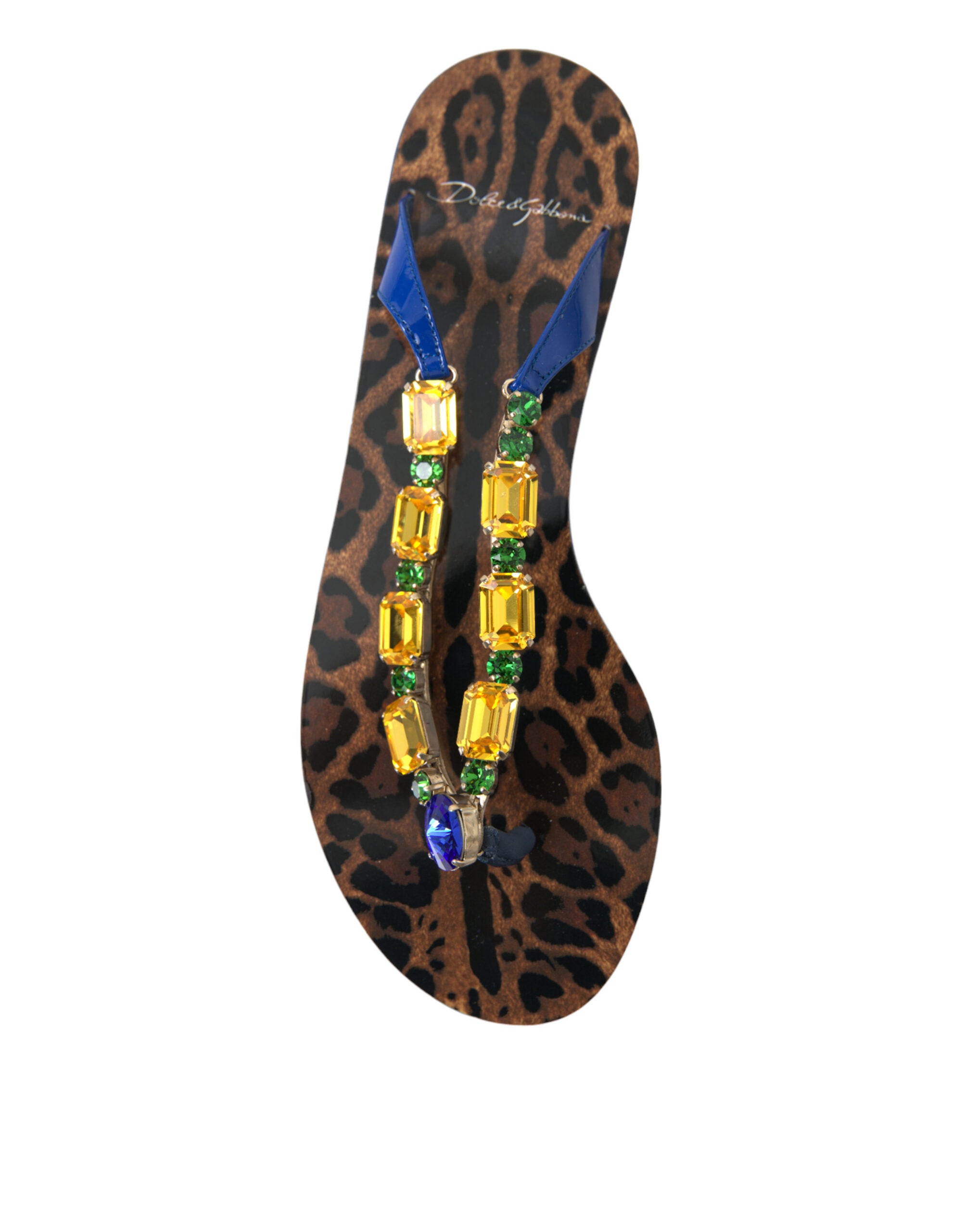 Sandales plates Dolce & Gabbana Blue Crystals pour plage, détails en cristaux bleus et style élégant.