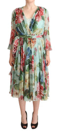 Robe midi en soie à fleurs multicolores vertes de Dolce & Gabbana, robe portefeuille élégante avec motif floral vibrant.