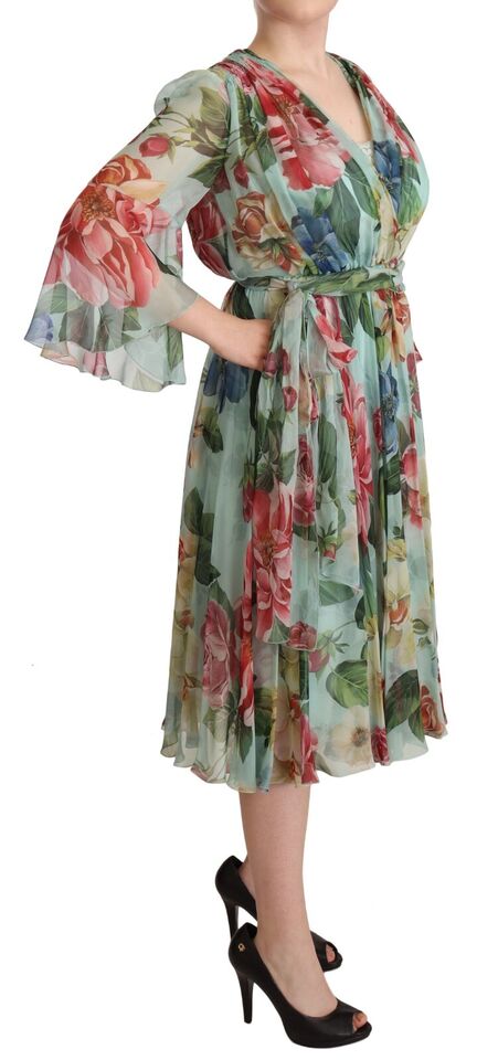 Robe midi en soie à fleurs multicolores vertes de Dolce & Gabbana, style wrap élégant et fluide.
