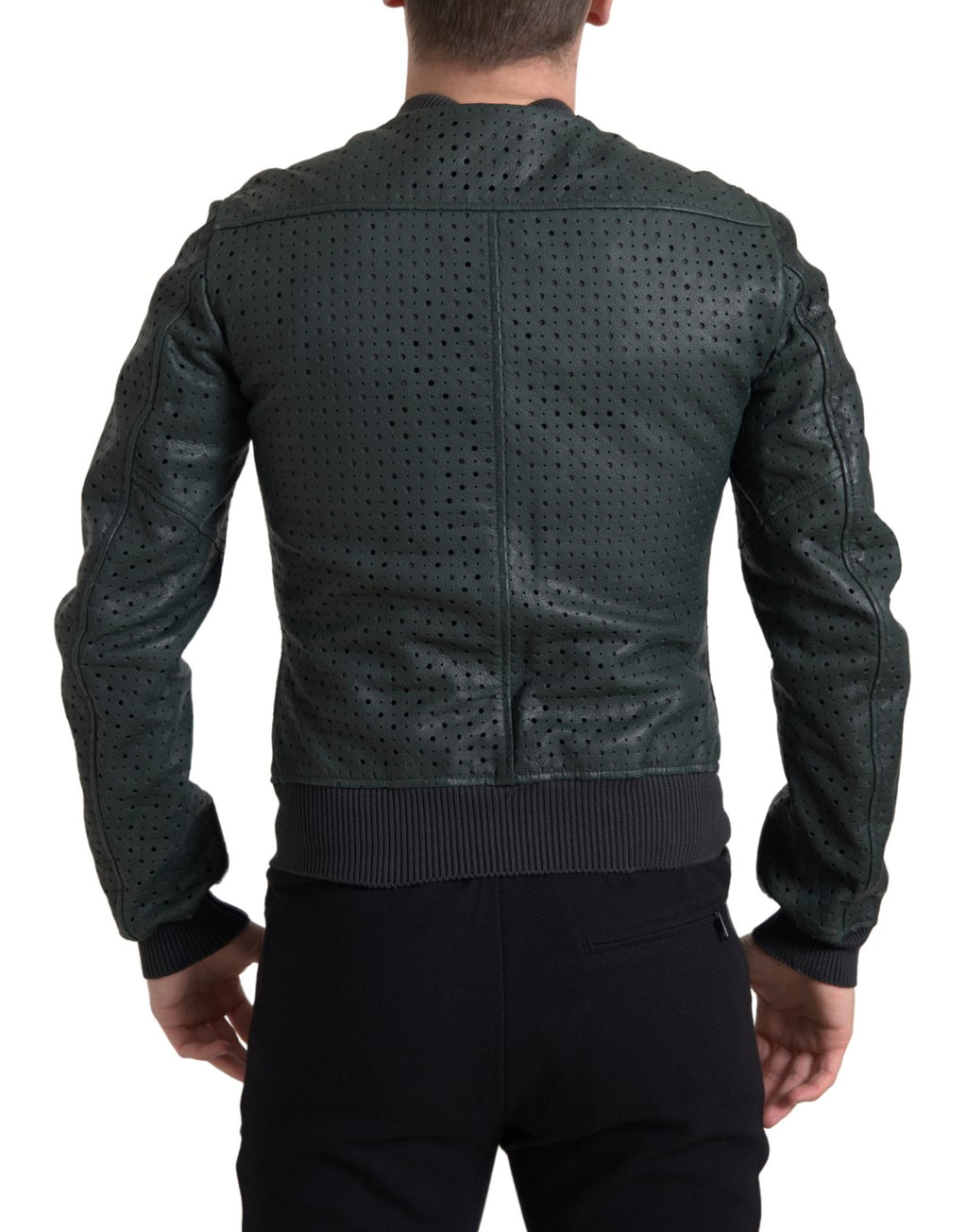 Veste bomber en cuir perforé vert Dolce & Gabbana, style moderne avec détails élégants et finition de haute qualité.
