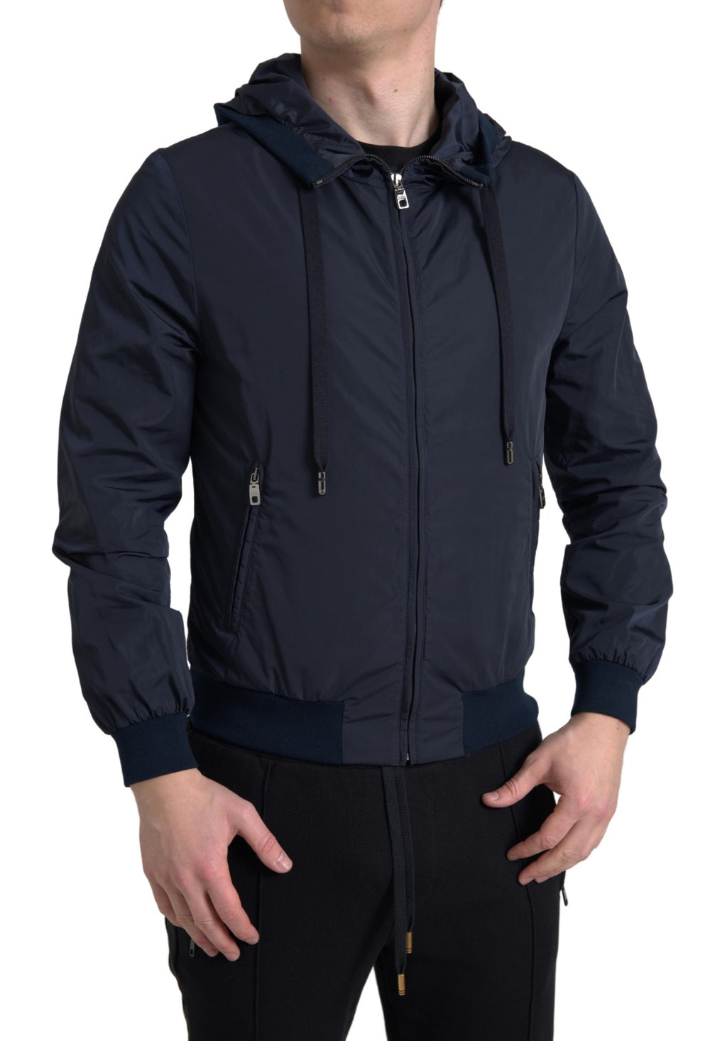 Sweat à capuche en polyester bleu Dolce & Gabbana avec logo, fermeture éclair complète, style décontracté et moderne.