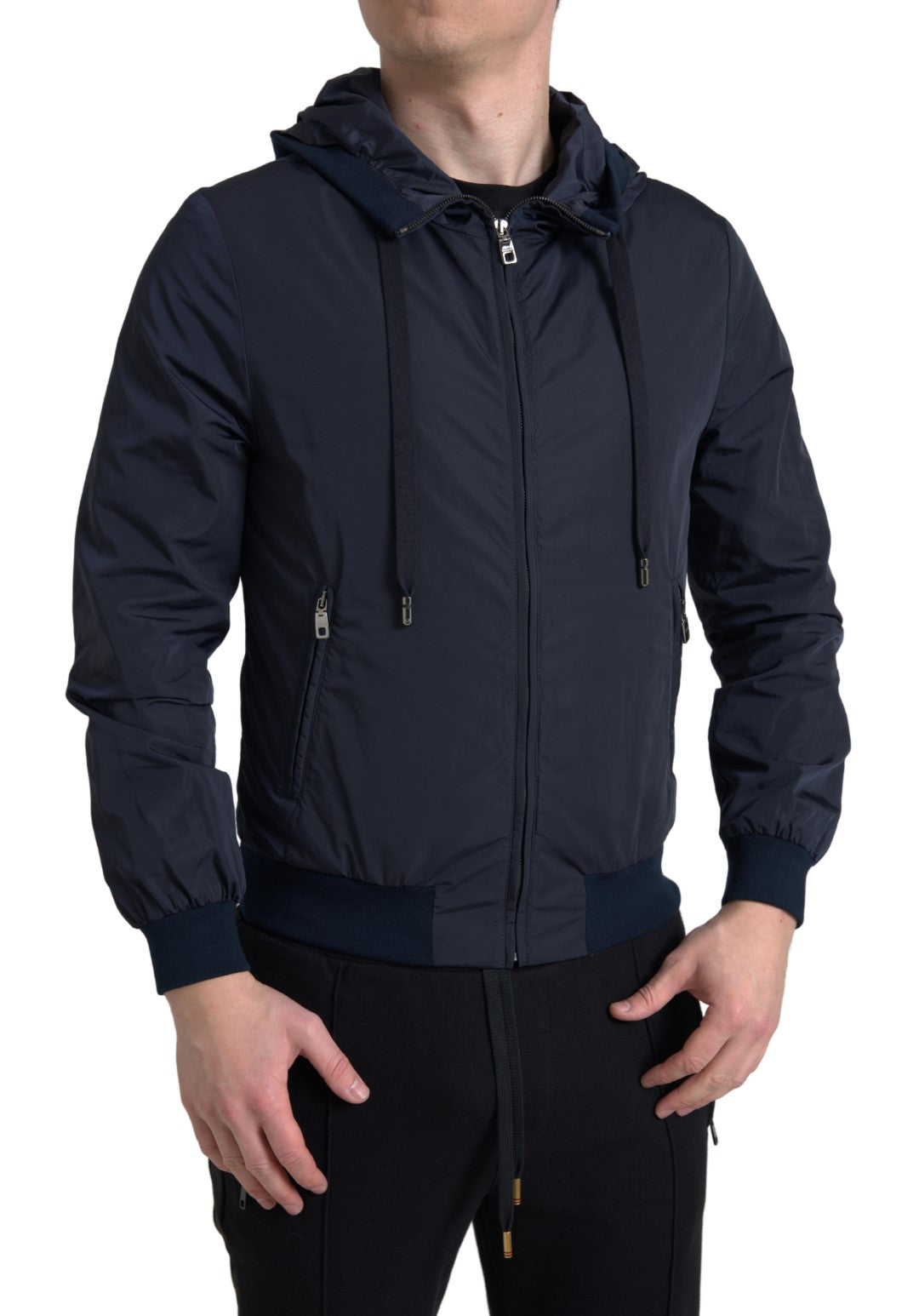 Sweat à capuche en polyester bleu Dolce & Gabbana avec logo, fermeture éclair complète, style décontracté et moderne.
