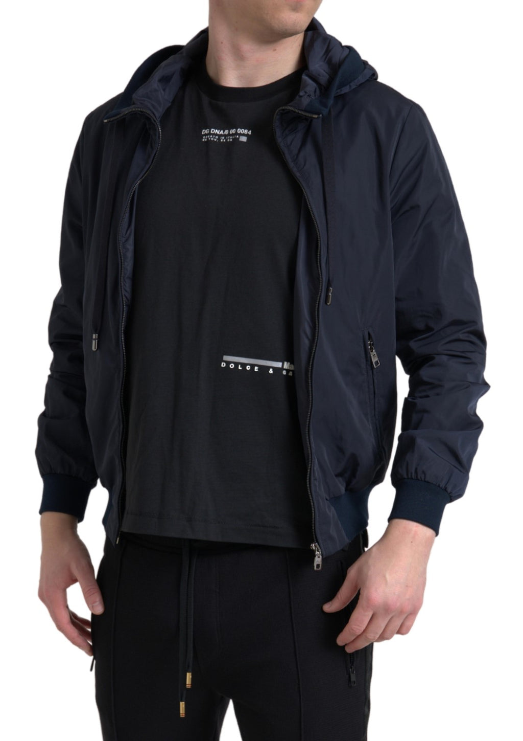 Sweat à capuche bleu Dolce & Gabbana en polyester avec logo, zip complet, style décontracté et moderne.