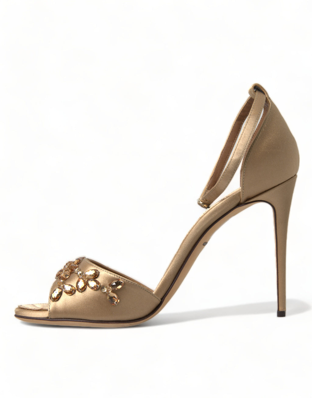 Sandales Dolce & Gabbana en satin doré avec bride à la cheville et cristaux, vue de côté.