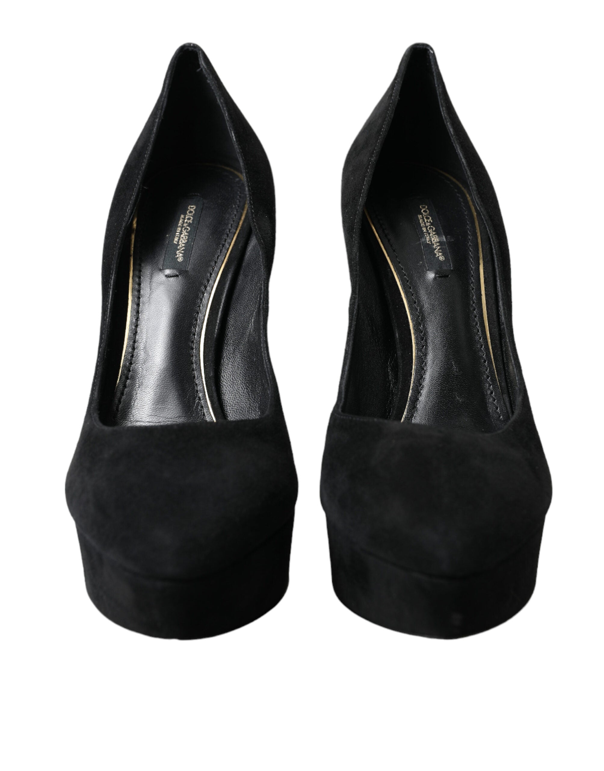 Chaussures à talons plateforme en cuir suédé noir de Dolce & Gabbana, escarpins élégants avec détails raffinés.