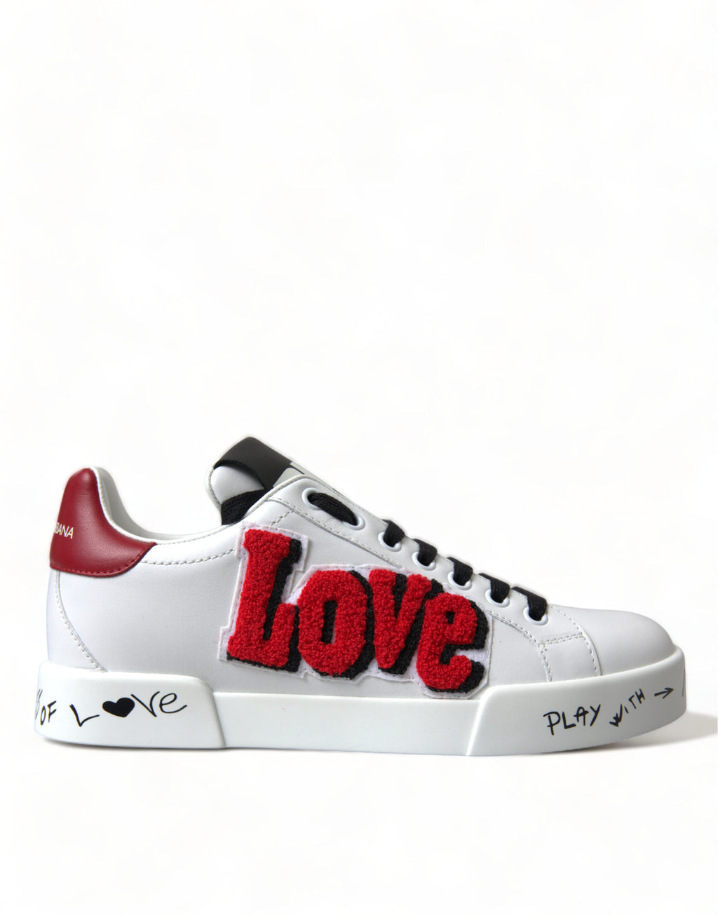 Chaussures sneakers Dolce & Gabbana Portofino classiques blanches avec patch Love, vue de face.