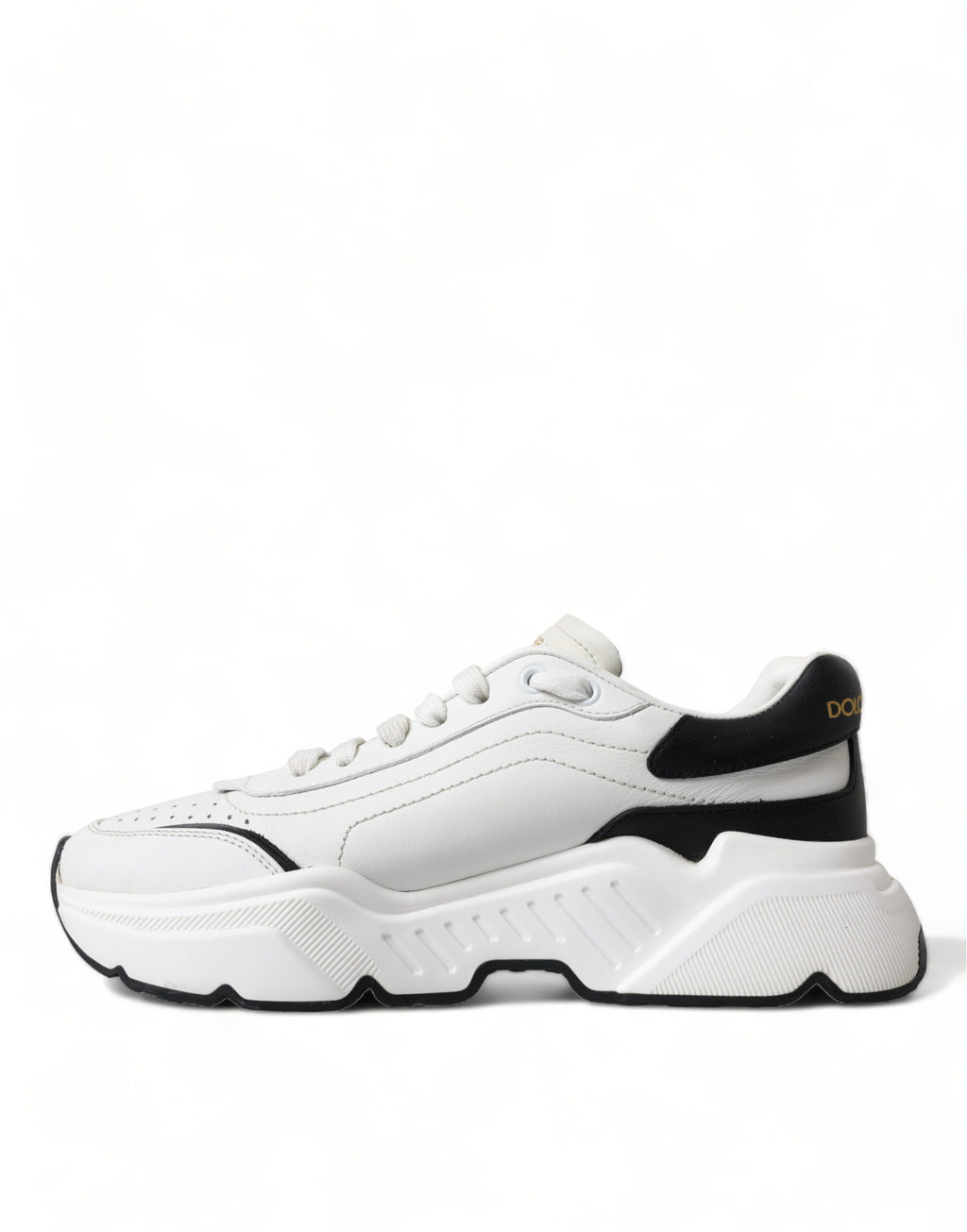Chaussures sneakers basses Dolce & Gabbana Daymaster blanches et noires, vue de face, en cuir avec semelle blanche.